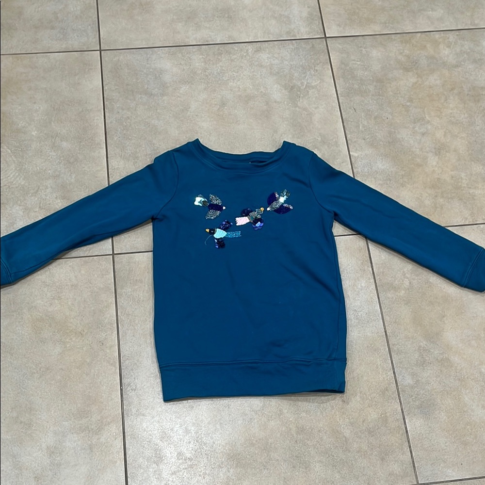 Girls Gymboree teal Sweatshirt with sequin bead bird design, size M (7/8)